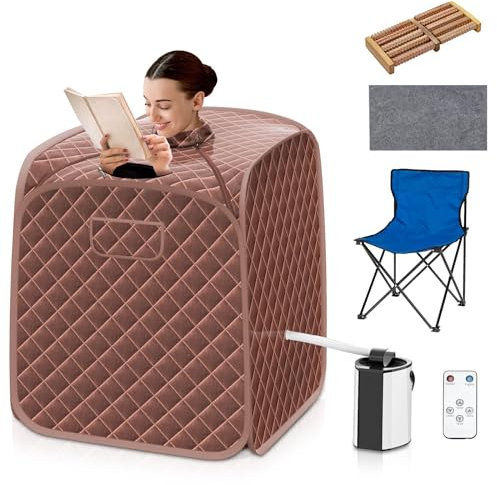 Multigot Portable Steam Sauna, Personal Full Body Sauna Spa with Remote Control, Folding Chair and Foot Massage Roller, Lightweight Foldable Home Sauna Tent (Brown)