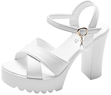 Sandali da donna eleganti con zeppa, impermeabili, con tacco alto, scarpe da donna, con punta aperta, tacco a blocco, scarpe da ballo, scarpe da festa con fibbia, bianco, 38 EU