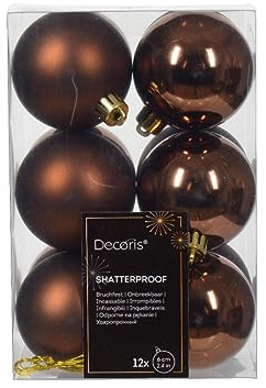 Bolas de Navidad de plástico, 6 cm x 12 unidades, irrompibles, color marrón