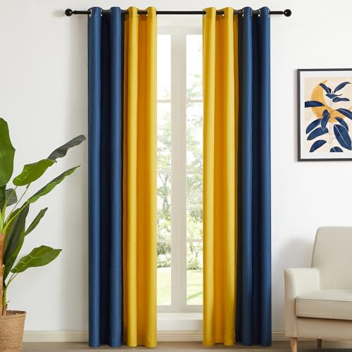 PRIMROSE Navy Blue Yellow Linen Curtains 96 inch Long for Living Room Set of 2 Panels Blackout Thermal Insulated Room Darkening Ombre Curtains Window Drapes for Bedroom Grommet