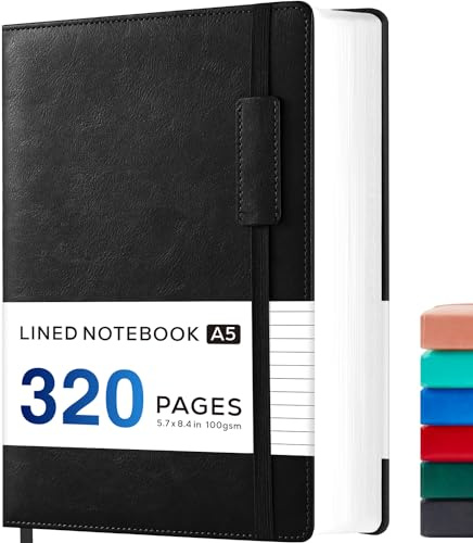 NIRMIRO Carnet de Notes A5 à Couverture Rigide, Carnet en Cuir avec 320 Pages de Papier Épais de 100 g/m², Sans Débordement, Carnets Ligné pour Femme et Homme pour l’Écriture et le Travail, Noir, 14 x