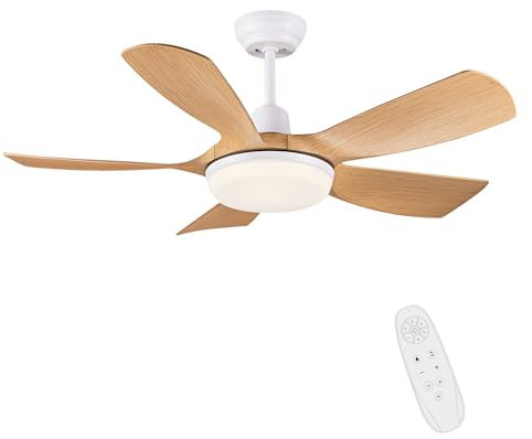 Newday Ventilateur de Plafond avec Lumiere En Bois, 106cm Ventilateur de Plafond avec Telecommande Silencieux, Dimmable Plafonnier Ventilateur de Plafond avec 5 Pales DC Moteur Fonction Mémoire