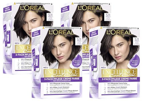 L'Oréal Paris Permanente Haarfarbe mit ultra kühlem Farbergebnis, 100% Grauhaarabdeckung, Set mit Coloration, Shampoo und Pflegecreme,Excellence Cool, Nr. 5.11 Hellbraun (Braun) (Packung mit 4)
