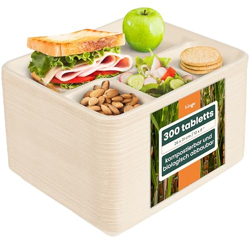 HAAGO 300 Zuckerrohr Bagasse Einwegteller, 5-Geteilte Menüteller, 26cm - Stabil, Biologisch Abbaubar, Umweltfreundlich & Home Kompostierbar