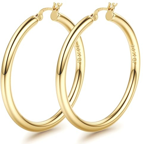 FIOROYAL 925 Silver creolörhängen, 14 karat guldpläterade, stora, allergivänliga cirkel örhängen för dam, 25/30/40/50/60/70 mm, Sterlingsilver, Ingen ädelsten