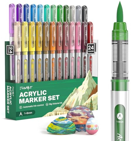 JusArt pennarelli acrilici con punta a pennello, 24 colori, per arte scolastica, a base d'acqua, senza sbavature, con controllo dell'inchiostro, penne impermeabili