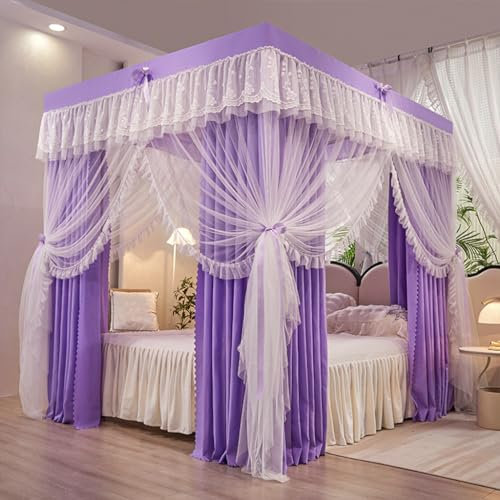 Prinzessinnen-Moskitonetz-Vorhang für Mädchen und Erwachsene, Schlafzimmer, Dekoration, doppellagig, 4 Ecken, einfarbig, Betthimmel mit Rüschen, 4 Öffnungen, Violett