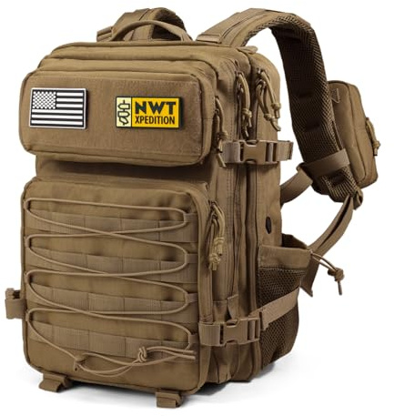NWT XPEDITION Military Tactical Backpack,Sturdy Work & Molle Laptops Rucksack,Army Pack for Hiking Camping Travel Fishing Gym,Khaki
