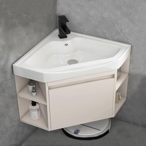 Modernes Eckwaschbecken für Badezimmer, Wandmontage, mit weißem Porzellanbecken und schwarzem Wasserhahn, platzsparendes Design für kleine Räume (42,9 cm)