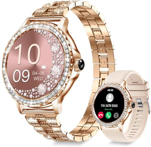 Smart Watches for Women (Answer/Make Call) with Diamonds, 1.3”HD Screen Bluetooth Smartwatch for Android iOS Phones, IP68 Waterproof Fitness Activity Trackers with Heart Rate/SpO2/BP/Sleep Monitor