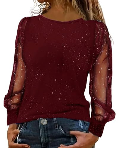 Yekdmxop Maillot Femme Élégant Paillette Argent Manches Longues Chemisier Brillant Noël T-shirt Curvy Encolure dégagée Tee-shirt Grande Taille Paillettes Or Tops Cérémonie Strass Chemise De Soirée