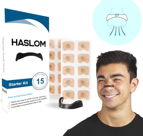 Haslom® Premium Magnetische Nasenpflaster + Gebrauchsanleitung – Verbessert die Atmung und Sauerstoffversorgung, Anti-Schnarchen, Maximaler Halt für Sport und Schlaf – 15-Tage-Pack