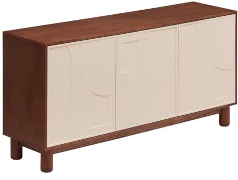 Atmosphera - Buffet Jilani – Meuble de Rangement 3 Portes avec 6 Etagères – Design Géométrique en Relief – Bois Marron et Pieds Hévéa – 150x40 cm