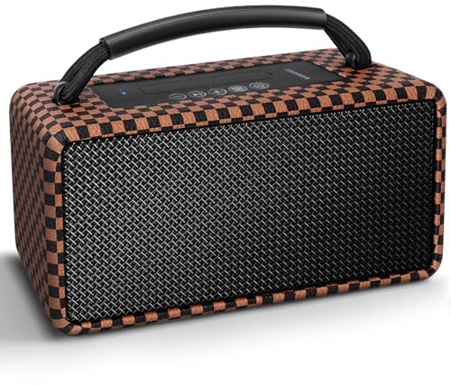 DINDIN Portable Bluetooth Speaker： 80W (Peak), 20H Playtime, Wireless Big Wood Boombox with Deep Bass, Subwoofer, TWS, Large, Loud Speaker for Party, Outdoor, Backyard, Beach, Home,Gift（Black+Brown）