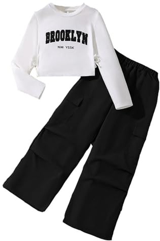 SoLu DAY8 Tracksuit Set Kids Girls Long Sleeve Pullover Sweatshirt and Cargo Pants Outfits Sets for Girls Fashion Spring Comfy School Casual Athletic Sport Streetwear 7-12 Years (Black, 9-10 Years)
