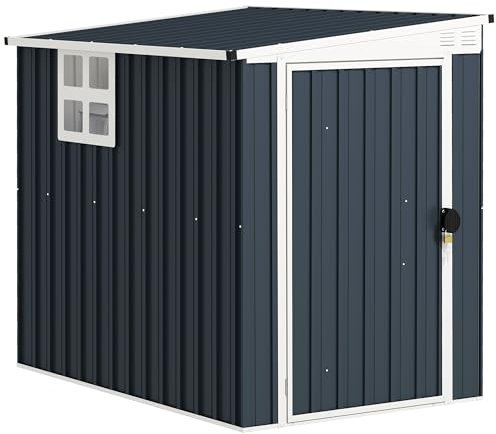 Outsunny Metall Gerätehaus 2,6m² 128x193x181cm Geräteschuppen mit Pultdach Fenster Abschließbarer Tür wetterfest Gartenhaus Outdoor Garten Schuppen für Hinterhof Außenbereich Dunkelgrau