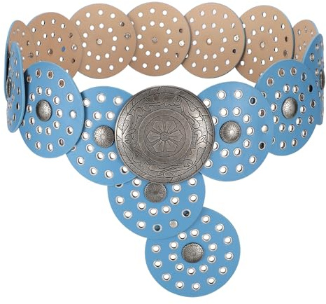 LEACOOLKEY Damengürtel Boho Disco Breiter Western Gürtel aus Leder Concho für Kleidung Jeans