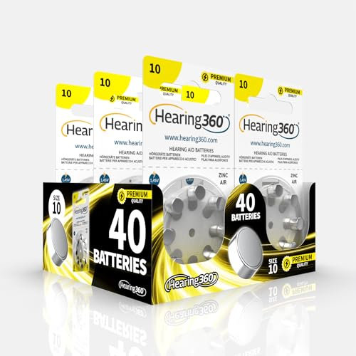 Hearing360 40 batterie per apparecchi acustici misura 10 qualità premium, durata extra, compatibili con tutti i modelli, senza mercurio (5 blister da 8 pile)