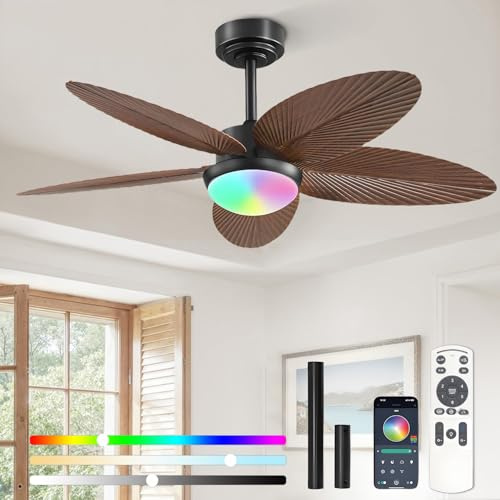 Ventilateur de plafond avec éclairage, 107 cm, en feuille de palmier tropical, RVB, à intensité variable, intelligent, silencieux, avec télécommande/application, minuterie, 6 vitesses, pour chambre à