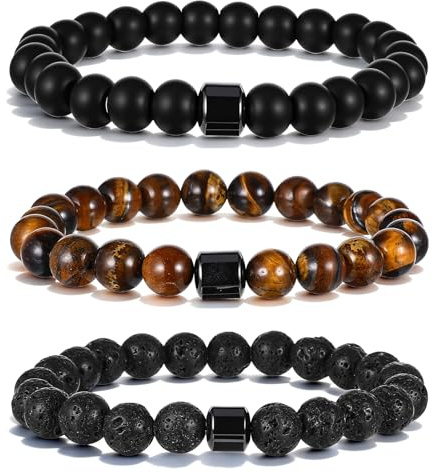 TIESOME 3 stycken stretch pärlarmband män, 8 mm natursten armband män justerbar tiger öga armband herrarmband för present födelsedag män