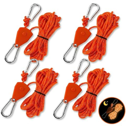 Lot de 4 haubans avec tendeur de câble, réfléchissant, 4 m, réglable, 4 mm, en nylon, pour tentes de camping, auvents, voiles d'ombrage, orange