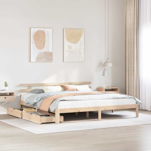 Homgoday Massivholzbett mit Schubladen 200x200 cm Kiefer Familienbett Model3302018