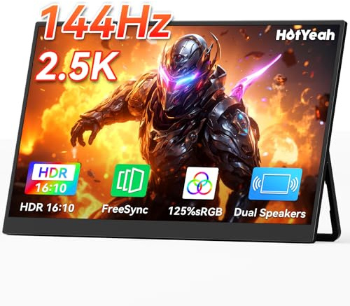HotYeah Monitor da gioco portatile da 16 pollici, 2,5 K 144 Hz, 2560 x 1600 QHD 125% sRGB USB-C HDMI, monitor esterno con supporto regolabile a 180° per MacBook, laptop, PC
