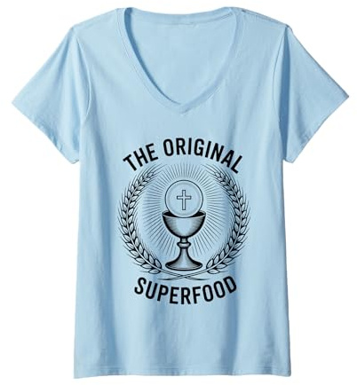 Femme La messe catholique de l'Eucharistie Originale du Superfood T-Shirt avec Col en V