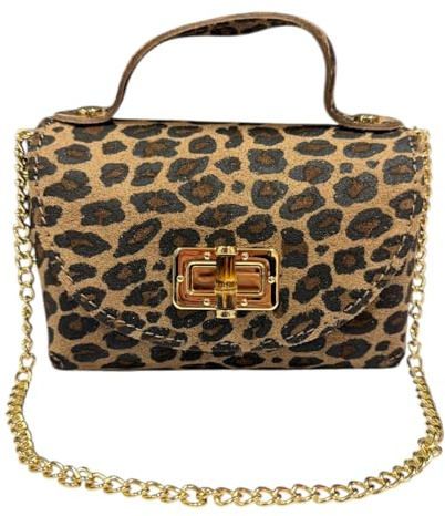 Jeamis Wildleder Rauhleder Damen Elegante Tasche Clutch Pochette Umhängetasche Veloursleder Leder Tasche Party Leopard Made in Italy Leo