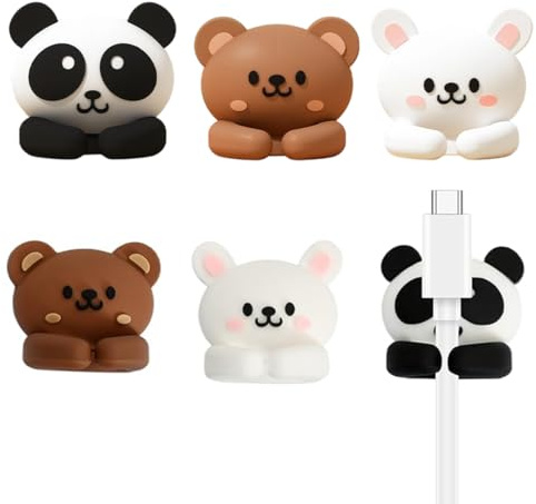 KAHZOR Lot de 3 Organisateurs de Câbles Autocollants pour Bureau - Design Animal pour Gestion des Câbles, Clés & Pinceaux, Clips en PVC (Panda, Ours, Lapin)