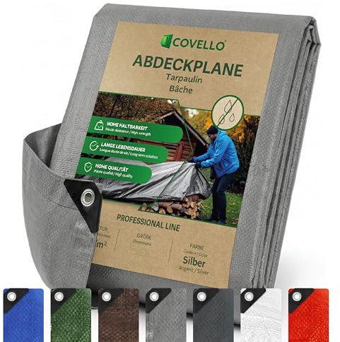 Covello Bache de Protection Exterieur 180g/m² Imperméable 3 x 6m Argenté | Bache de Protection Pro Line, 18m² Bache Anti UV Anti-déchirure, Bâches en Polyéthylène avec Œillets, Bâche Multiusage, Tarp