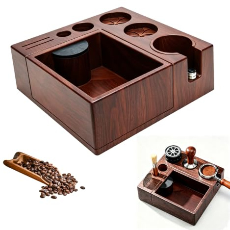 ANTREATU Espresso Tamping Station, Coffee Tamping Station with Detachable Knock Box, Adjustable Portafilter Holder for 51/54/58mm, ABS & Aluminum Alloy Barista Accessories