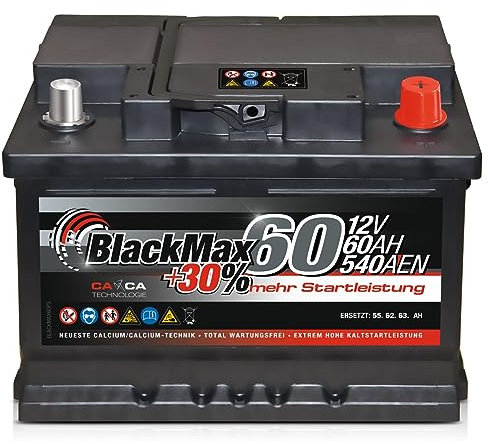 Autobatterie 12V 60Ah 540A BlackMax Starterbatterie ersetzt 55Ah 56Ah 61Ah 62Ah 63Ah, mit PKW