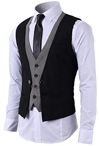 STTLZMC Gilet Uomo Slim Fit Elegante Casual Smanicato Scollo a V Panciotto Matrimonio Corpetto 2in1 Blazer(Niente Camicia),Nero,XX-Large