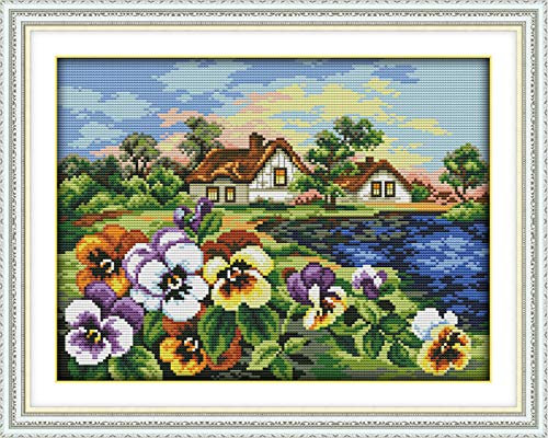 YEESAM ART New Counted Cross Stitch Kits Advanced - Town of Pansy - Embroidery Set Needlework DIY Handmade Christmas Gifts (Pansy, Stamped)