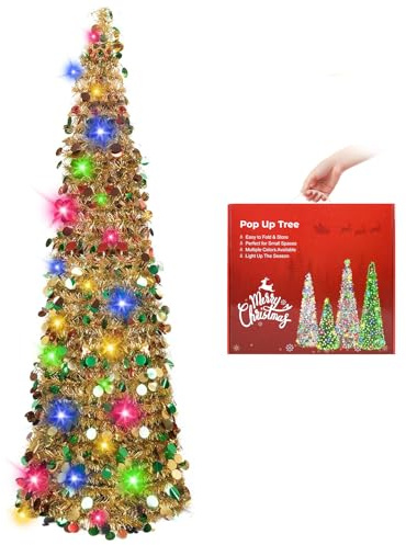 N&T NIETING Christmas Tree, 5ft Collapsible Pop Up Christmas Trees Gold Mix Tinsel Coastal Christmas Tree for Holiday Xmas Decorations, Home Display, Office Decor