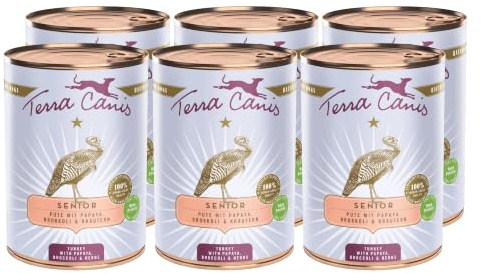 Terra Canis Pute mit Papaya & Borretsch Senior Nassfutter für Hunde, 6x400g | 100% Lebensmittelqualität aller Rohstoffe, mit Gesundheitskräutern, altersgerechte Rezeptur, allergen- und getreidearm