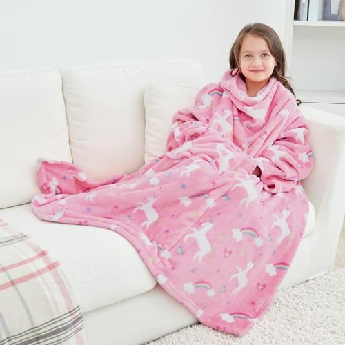 Softan Wearable Fleece Blanket with Sleeves & Foot Pocket for Kids Boys Girls Children,Lightweight Soft Blanket with Sleeves and Hook & Loop 48 x 48 Pink Unicorn