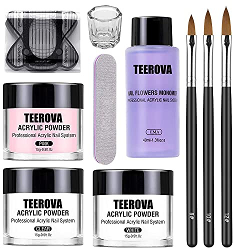 TEEROVA Kit de poudre acrylique et liquide pour ongles - Ensemble professionnel monomère liquide avec brosse à ongles en acrylique - 3 couleurs