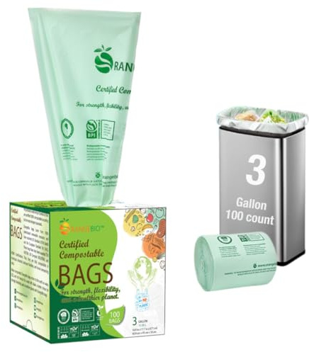 OrangeBio 3 Gallon Compostable Trash Bags, 100 Count, Food Grade, Plant-based, Biodegradable, Leak-proof, Tear-resistant, Dishwasher Safe