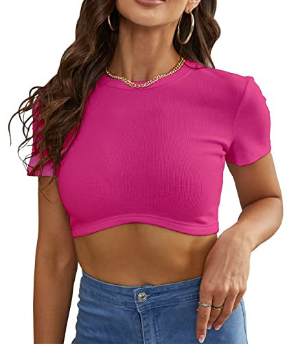 Dwnval Sexy senza maniche girocollo a costine maglia canotta crop top per le donne, 2#fucsia, S
