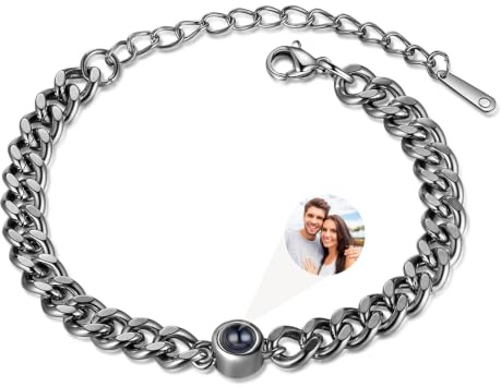 kaululu Personalisierte Foto Projektion Armband Einstellbare Benutzerdefinierte Paar Armbänder Schmuck Geburtstag Jahrestag Bestes Geschenk für Männer Frauen Freunde（Black）
