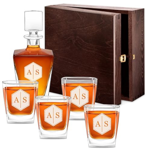 Maverton Décanteur Whisky et 4/6 verres avec gravure pour hommes | Carafe rhum pour gentleman, pour dégustation de scotch cognac, Set Whisky personnalisé, pour connaisseur, initiales