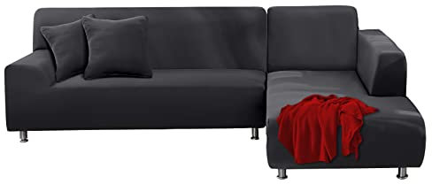 FIGOOO Sofabezug Ecksofa L Form Links Rechts Stretch Sofa Überwürfe 2er mit 2 Stück Kissenbezug Abnehmbarer Universal Elastische Couchbezug Sofahusse L Shaped (3 Sitzer+3 Sitzer,Dunkelgrau)