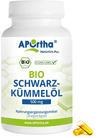 APOrtha® Bio-Schwarzkümmelöl 500 mg, 120 vegane Kapseln, 1000 mg kaltgepresstes ägyptisches Schwarzkümmelöl pro Tagesverzehr, vegan, glutenfrei, laktosefrei, allergenfrei