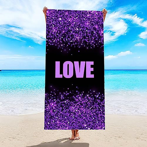 AMDXD 70x150CM Strandtuch XXL Damen Mikrofaser, Love mit Pailletten Muster Hamamtuch Herren Lila Sporthandtuch Strandtücher für Fitness, Reise, Strand, Schwimmen, Yoga