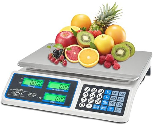 Bilancia Elettronica Professionale da Banco per Alimenti - Bilancia Digitale con 7 Tasti di Memoria e Piatto in Acciaio Inox e Schermo LCD con Prezzo