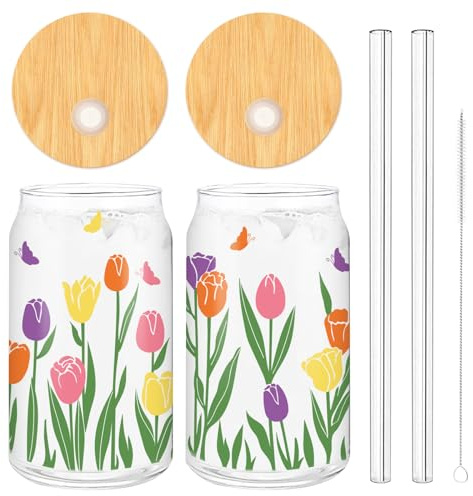 Whaline 2 Pack Spring Iced Coffee Cup Colorful Tulip Flower Butterfly Drinking Glasses Floral Can Glass with Lid Straw Cleaning Brush for Home Office Gifts,16 Oz