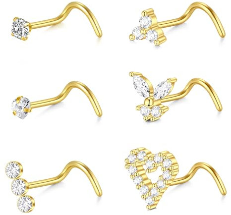 VF VFUN 6Pcs 18G Nasenstecker Nasering Edelstahl Nasenpiercing Schraube CZ Nasenringe Herz Schmetterling Nostril Piercing Schmuck für Frauen Männer Gold