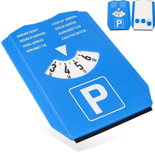 Disco di parcheggio con raschiaghiaccio, 1 pezzo, in blu, otto lingue, set di parchimetri con misuratore di battistrada e chip per carrello della spesa, per auto, camion, camper, Parking Disc Blue